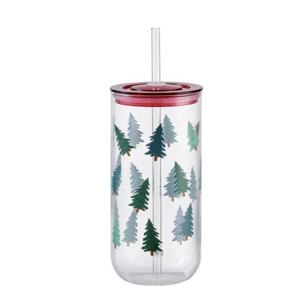 Holiday Time Glass 20oz Can Sipper Christmas Trees with Lid